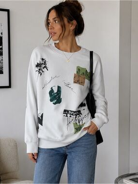 Denim & Flower Ricky Singh Graphic Crewneck Sweatshirt White Small Oversized